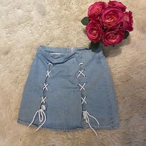 Boohoo Blue Denim Lace Up Mini Skirt Size US 4/UK8